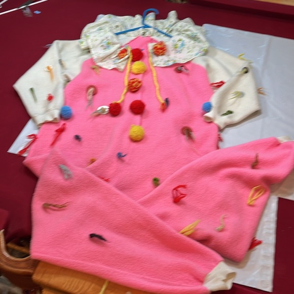 Vintage HAPPY CLOWN SUIT Costume PINK white PomPom button FLOWER COLLAR 46”chest - Picture 1 of 14